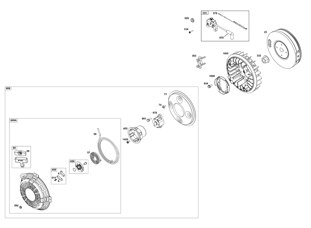 Flywheel, Ignition, And Starter Group Diagram and Parts List for 356442-0651-F1 200000 - 399999 Briggs and Stratton Engine